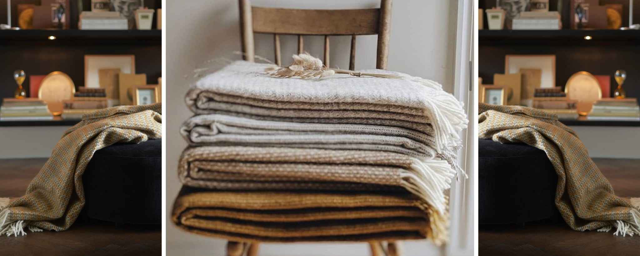 A pile Klippan blankets in muted browns